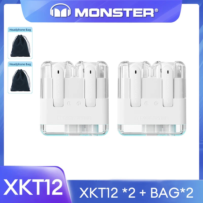 سماعات الألعاب الأصلية Monster XKT12 بتقنية البلوتوث 5.3 TWS وسماعات أذن لاسلكية بتقنية HIFI وسماعات أذن مضادة للضوضاء بسعة 300 مللي أمبير في الساعة