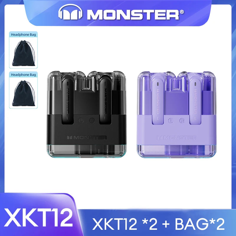 سماعات الألعاب الأصلية Monster XKT12 بتقنية البلوتوث 5.3 TWS وسماعات أذن لاسلكية بتقنية HIFI وسماعات أذن مضادة للضوضاء بسعة 300 مللي أمبير في الساعة