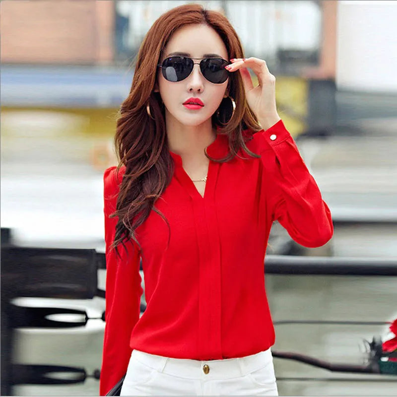 Long Sleeve Shirt Women Autumn Clothing Fashion Slim Chiffon Blouse V Neck Korean Elegant Ladies Office Shirts White Red DF2324