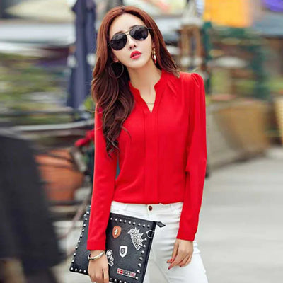 Long Sleeve Shirt Women Autumn Clothing Fashion Slim Chiffon Blouse V Neck Korean Elegant Ladies Office Shirts White Red DF2324