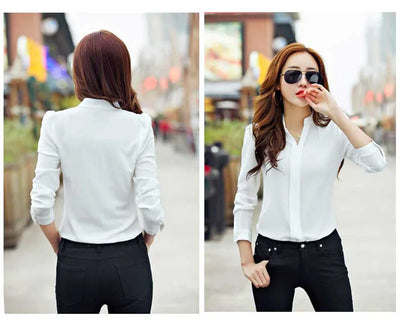 Long Sleeve Shirt Women Autumn Clothing Fashion Slim Chiffon Blouse V Neck Korean Elegant Ladies Office Shirts White Red DF2324