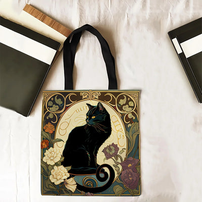 Retro Art Noble Black Cat Tote Bag, Fashionable Shoulder Bag, Daily Lightweight Shopping Bag Linen Fabric 40X40CM Handbag