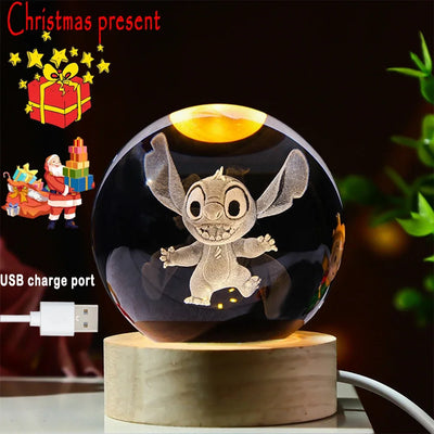 New 6cm 3D Crystal Ball Stitch Pokemon Wooden base with 6cm crystal ball Planet Night Light Laser Carving Christmas gifts