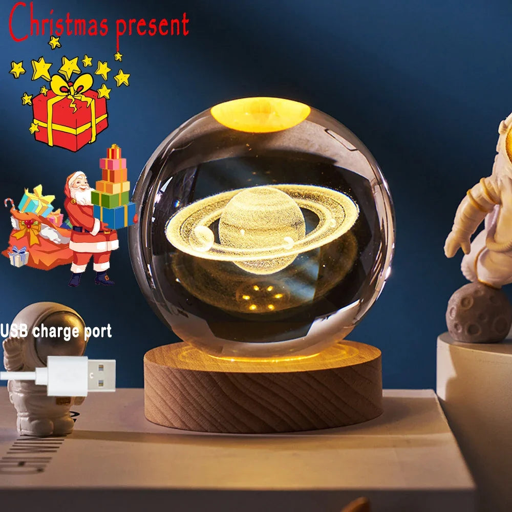 New 6cm 3D Crystal Ball Stitch Pokemon Wooden base with 6cm crystal ball Planet Night Light Laser Carving Christmas gifts