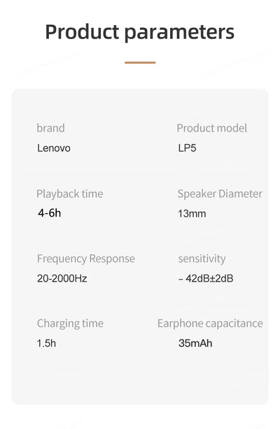 سماعة لينوفو LP5 اللاسلكية الأصلية بتقنية البلوتوث، شحن سريع، قدرة تحمل طويلة، مكالمات عالية الدقة، مع ميكروفون، سماعة رياضية مقاومة للماء