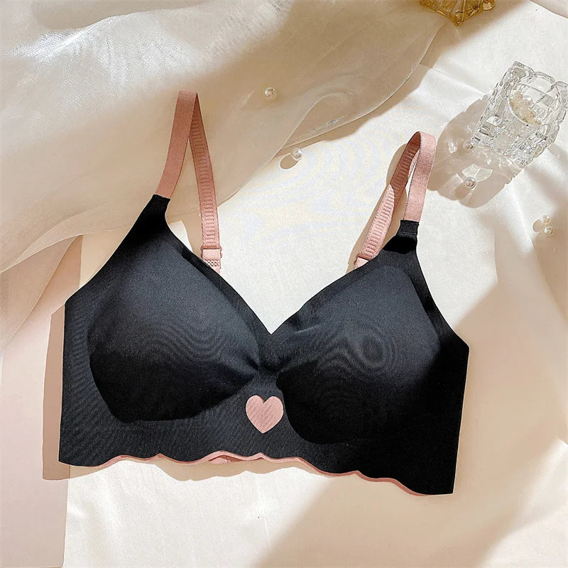 Sexy Push Up Bras For Women Love Heart Pattern Brassiere Deep V Neck Cute Underwear Female Seamless Wireless Soft Lingerie