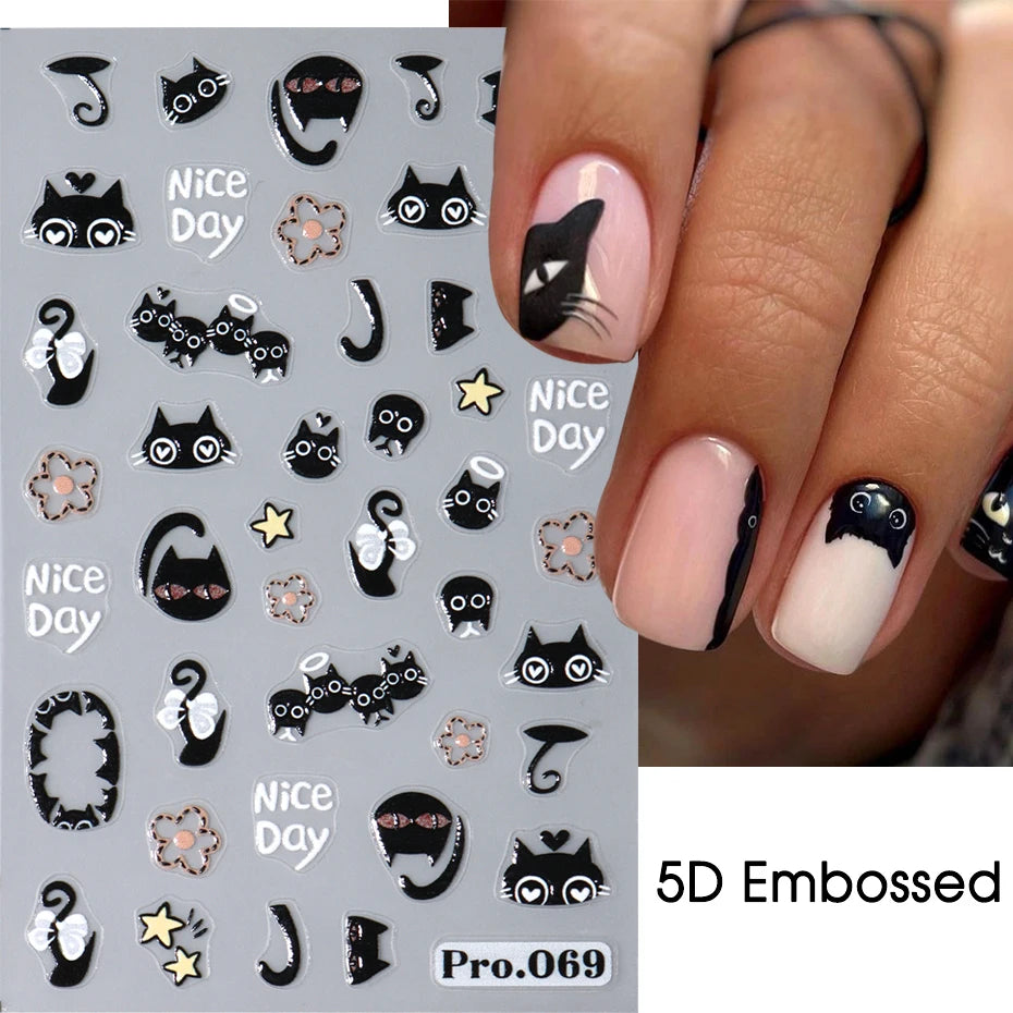 2pcs Black Cat Nail Stickers 3D Cute Cartoon Animal 3D Self-Adhesive Nail Art Decals Sliders Decorations Manicure Accessories