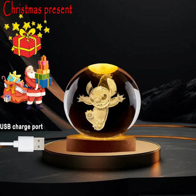 New 6cm 3D Crystal Ball Stitch Pokemon Wooden base with 6cm crystal ball Planet Night Light Laser Carving Christmas gifts