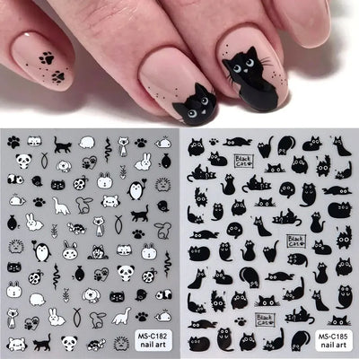 2pcs Black Cat Nail Stickers 3D Cute Cartoon Animal 3D Self-Adhesive Nail Art Decals Sliders Decorations Manicure Accessories