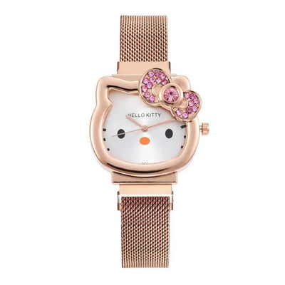 Hello Kitty Diamond  Watch Cat Bow Kawaii Pink Ladies Gold Sliver Metal Jewelry Cartoon Magnetic Watch Girlfriend Birthday