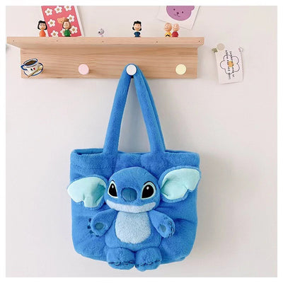 Disney 2024 New Cartoon Plush Doll Shoulder Bag Sweet and Cute Stitch Strawberry Bear Soft Cute Girls Handbag