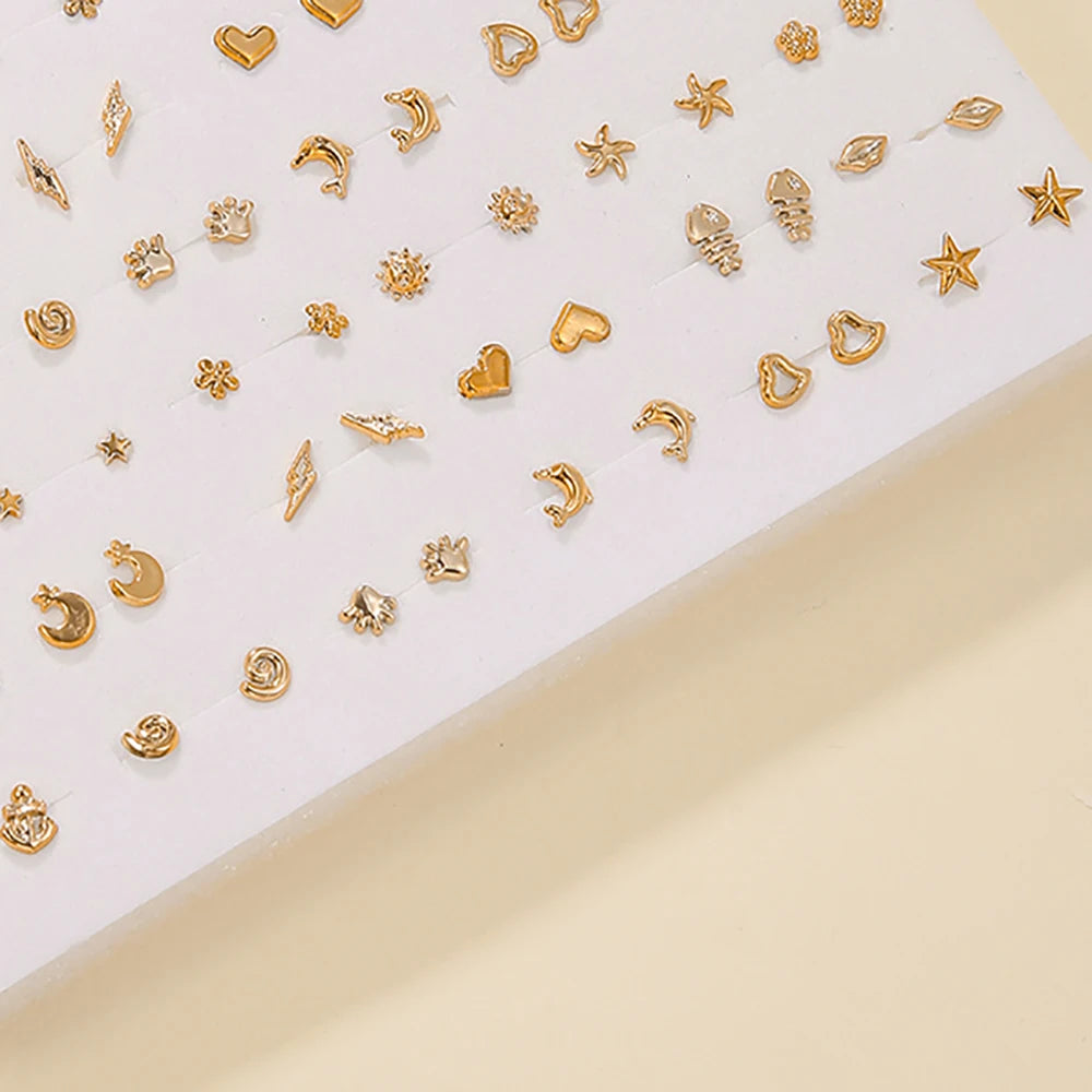 Fashion Geometric 36 Pairs/Lot Mixed Styles Small Stud Earrings For Women Lady Starfish Dolphins Moon Jewelry Party Gifts