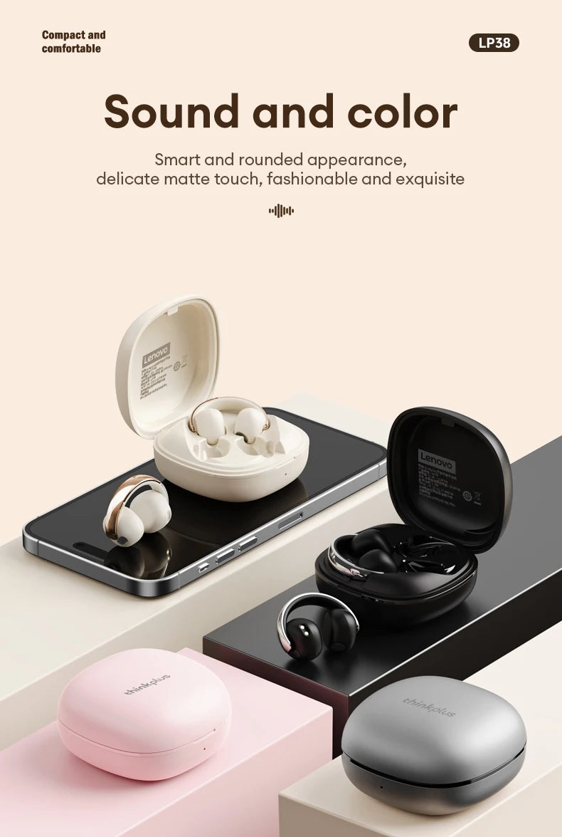 Original Lenovo LP38 TWS Wireless Bluetooth 5.4 Earphones Ear Clip Smart Noise Cancellation Earbuds Game Music Dual Mode Headset