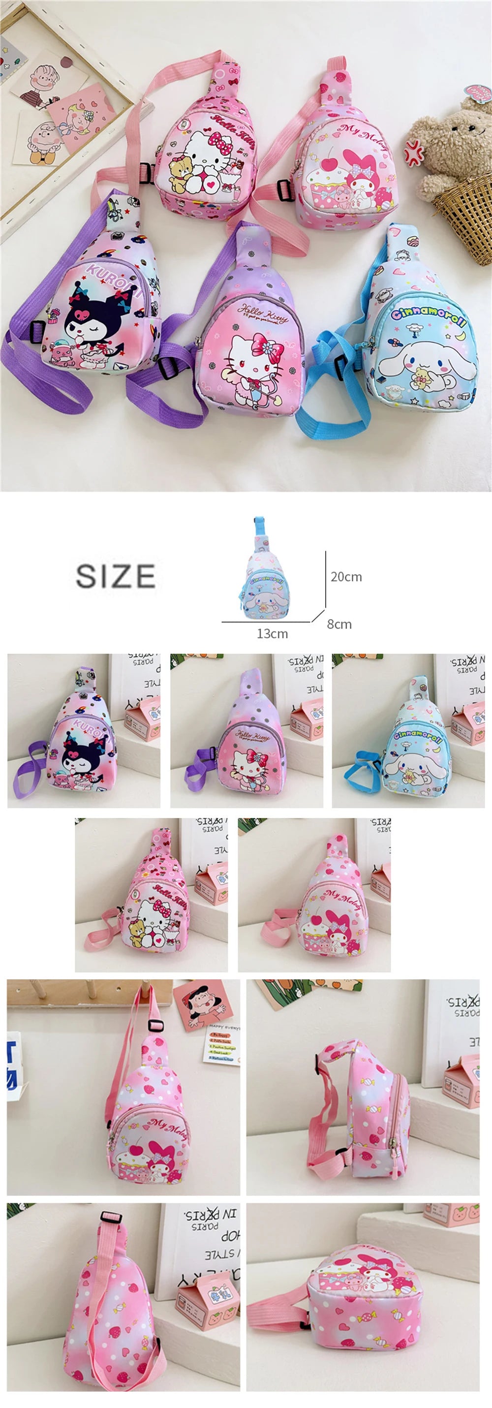 Sanrio Cartoon Shoulder Bags Melody Children's Chest hello kitty Bags Casual Messenger Pouch Fashion Versatile Travel Bags Gifts