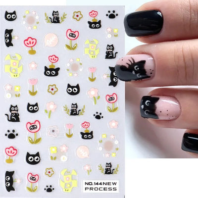 2pcs Black Cat Nail Stickers 3D Cute Cartoon Animal 3D Self-Adhesive Nail Art Decals Sliders Decorations Manicure Accessories