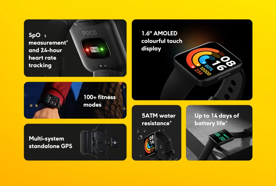 النسخة العالمية من POCO Watch شاشة AMOLED مقاس 1.6 بوصة بطارية تدوم 14 يومًا GPS ساعة وجه ساعة ذكية تعمل دائمًا مع مراقبة الأكسجين في الدم