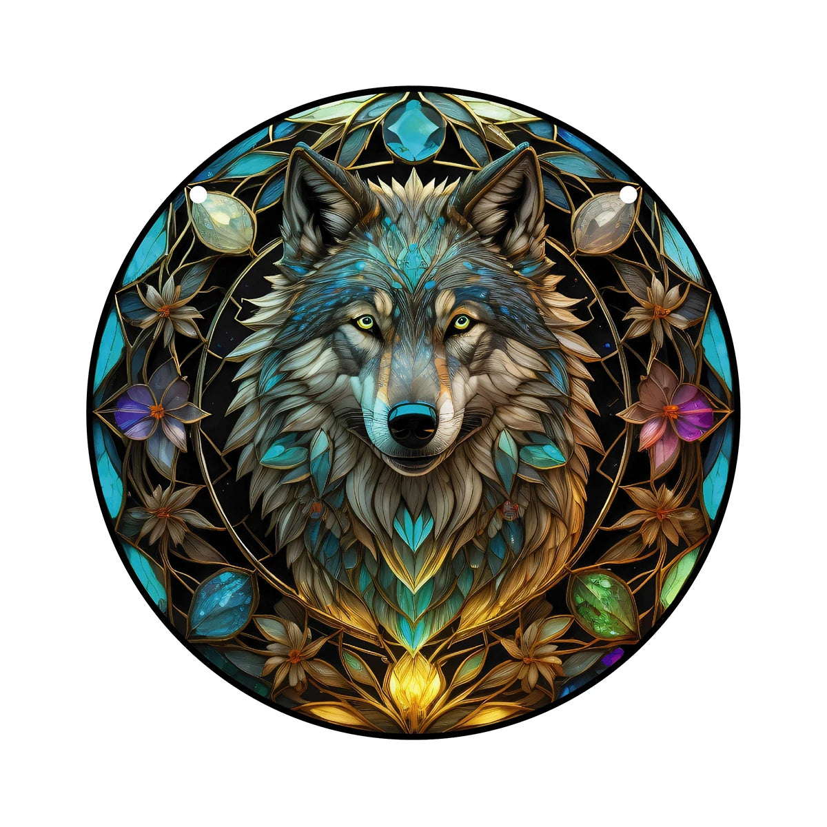 3D Wolf Stained Window Hanging, Wolf Art Pendant For Kitchen Livingroom Office, Halloween Fall Animal Lover Wreath Sign