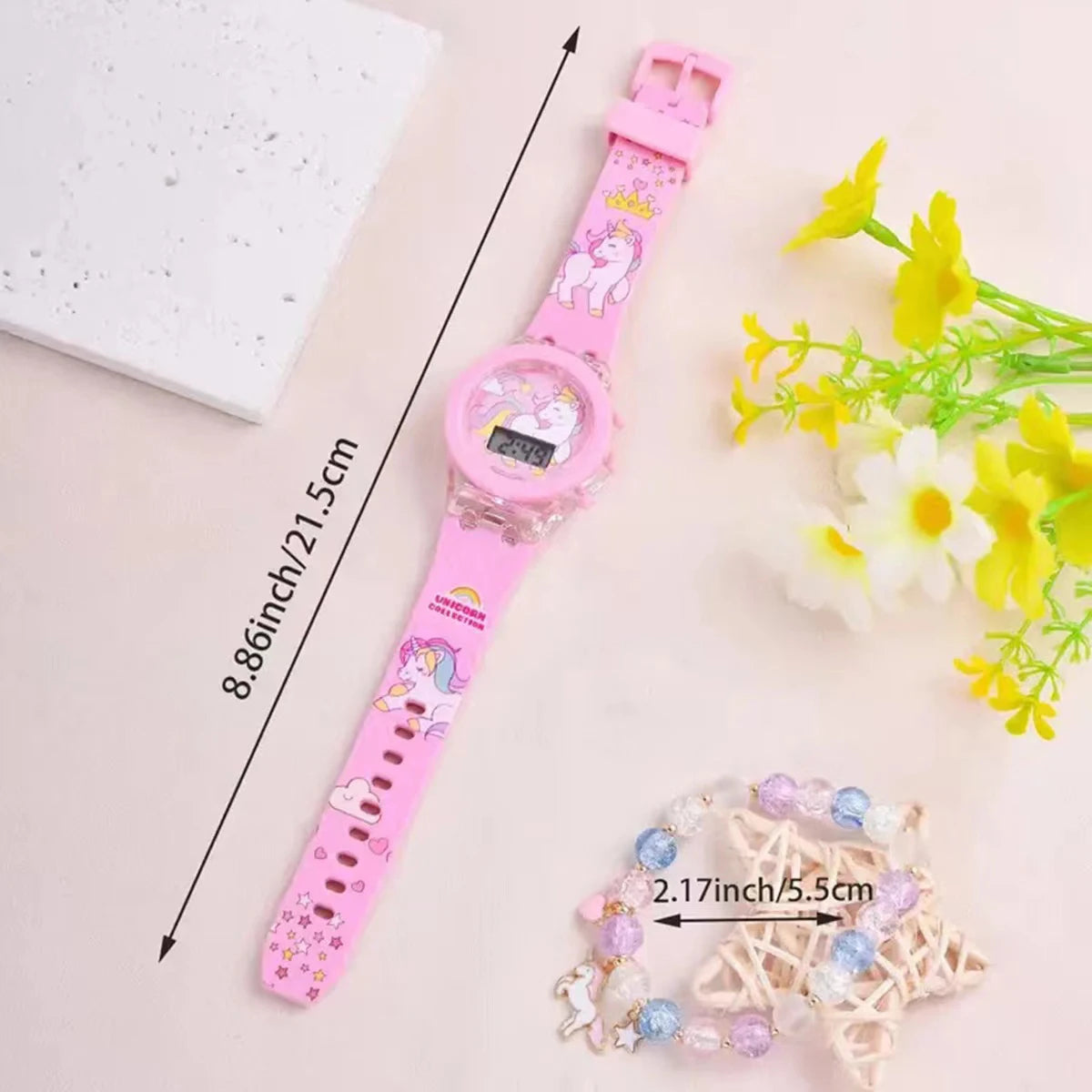 1pcs Jelly Candy Cartoon Unicorn Digital Pointer Quartz Light Girl Watch 1pcs White Rabbit Grass Jewelry Set