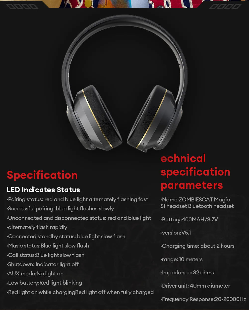 Choice ZOMBIESCAT S1 Wireless Bluetooth Headset 40mm Large Dynamic Coil Heavy Bass Earbuds Active Noise Cancellation HiFi Sound