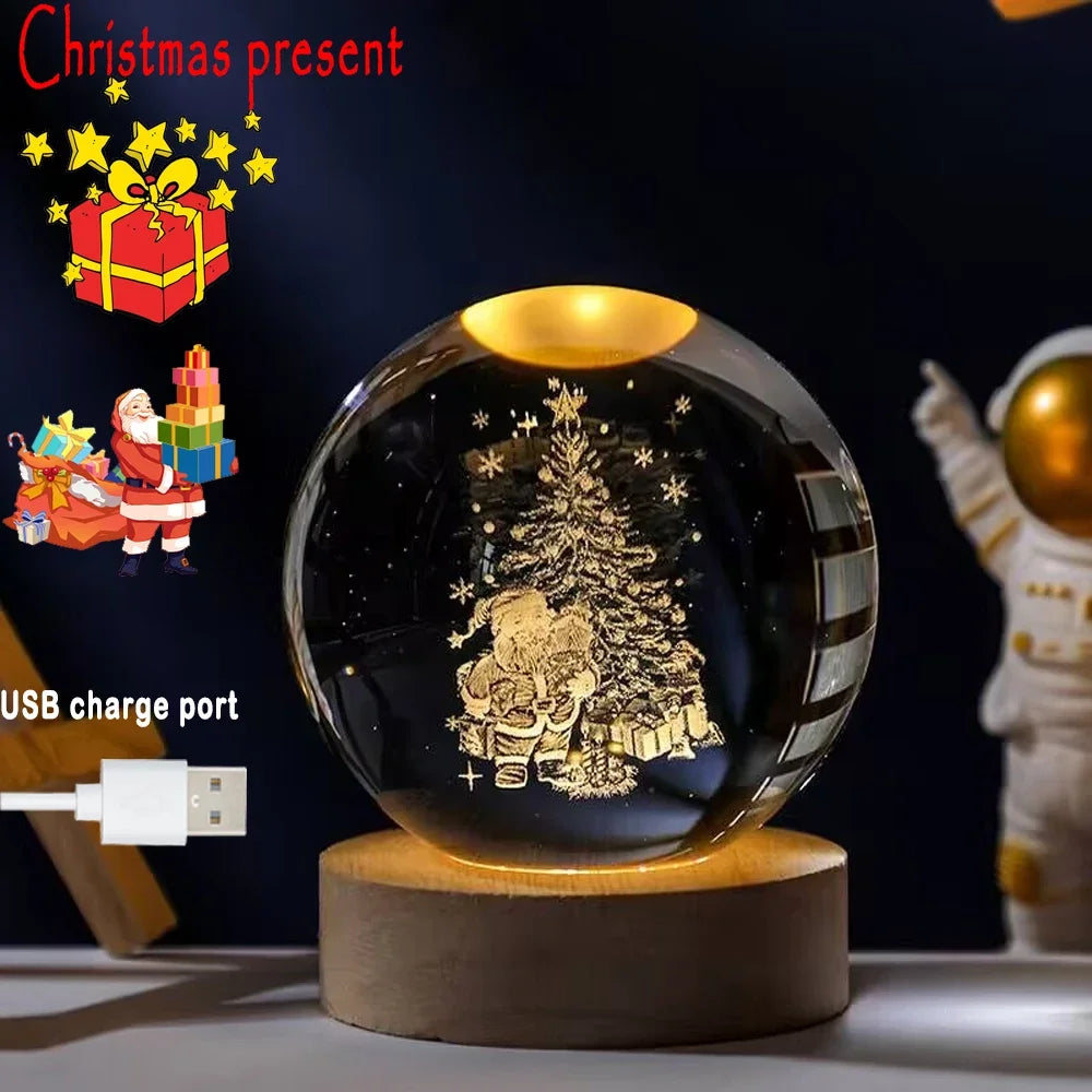 New 6cm 3D Crystal Ball Stitch Pokemon Wooden base with 6cm crystal ball Planet Night Light Laser Carving Christmas gifts