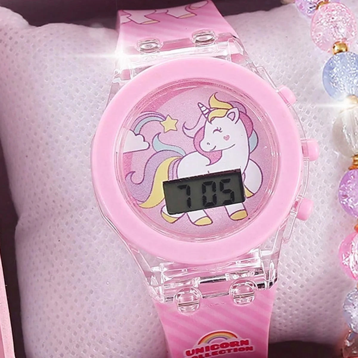 1pcs Jelly Candy Cartoon Unicorn Digital Pointer Quartz Light Girl Watch 1pcs White Rabbit Grass Jewelry Set