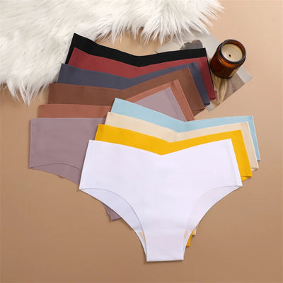 FINETOO 7PCS Women Ultra-thin Underpants Panties Seamless Briefs Sexy V-Waist Cozy Stretch Lingerie Female Solid Color Intimates