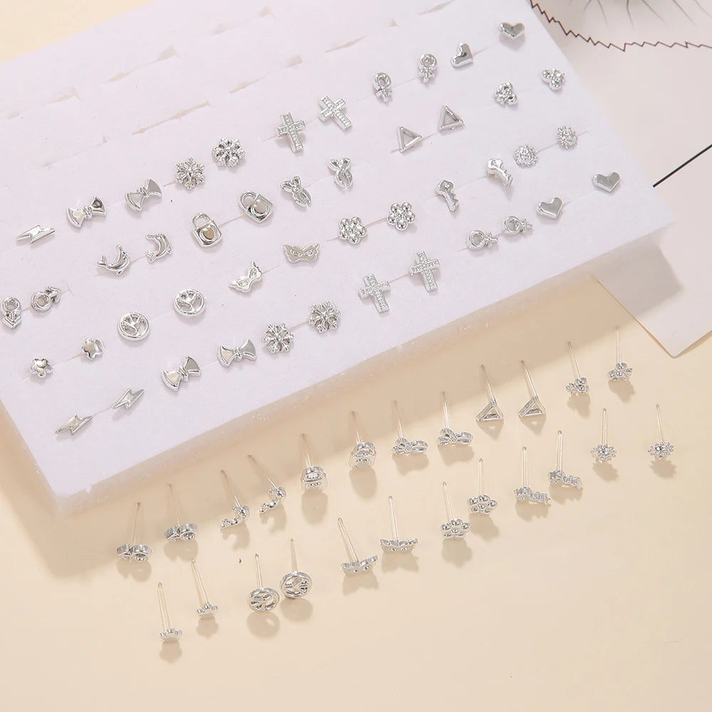 Fashion Geometric 36 Pairs/Lot Mixed Styles Small Stud Earrings For Women Lady Starfish Dolphins Moon Jewelry Party Gifts