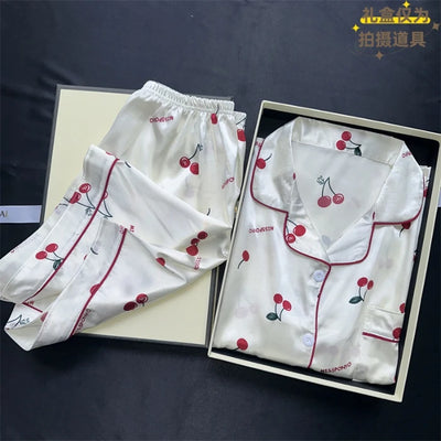 Cherries Print Two Pieces Pajamas Set Summer Faux Stain Pajamas Fashion Home Clothes Ladies Casual Shorts and Top Set Pijamas