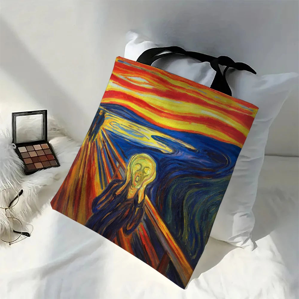 Oil Painting Printed Linen Bag Women's Lightweight Tote Bag Daily Handbag Multi-functional Shopping Bag