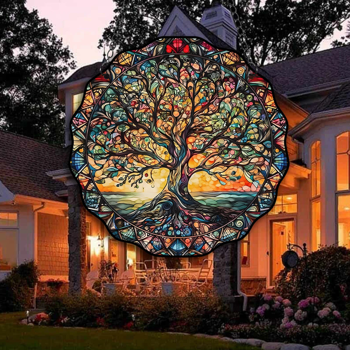 5.9inch Tree of Life Wall Art Decor Sun Hanging Sign Round Indoor Outdoor Window Acrylic Welcome Plate Pendant Decoration