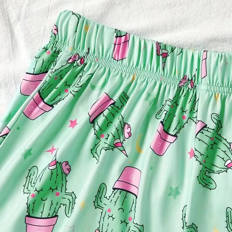 Women's Pajamas Set Sleepwear 2 PCS Short Tank Tops And Shorts S M L Green Ventilate Soft Casual Cactus Print