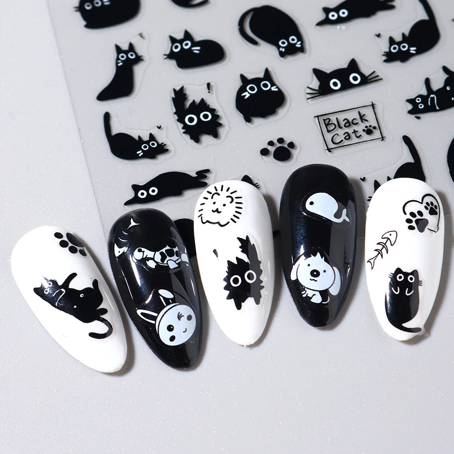 2pcs Black Cat Nail Stickers 3D Cute Cartoon Animal 3D Self-Adhesive Nail Art Decals Sliders Decorations Manicure Accessories