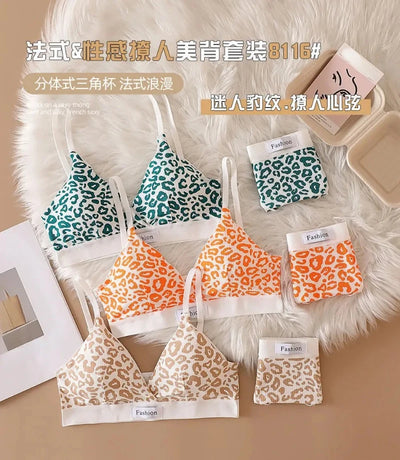 2024 Summer New Women's Leopard Print Traceless and Steel Rim Bra Adjustable Shoulder Strap Back Women's Underwear Set