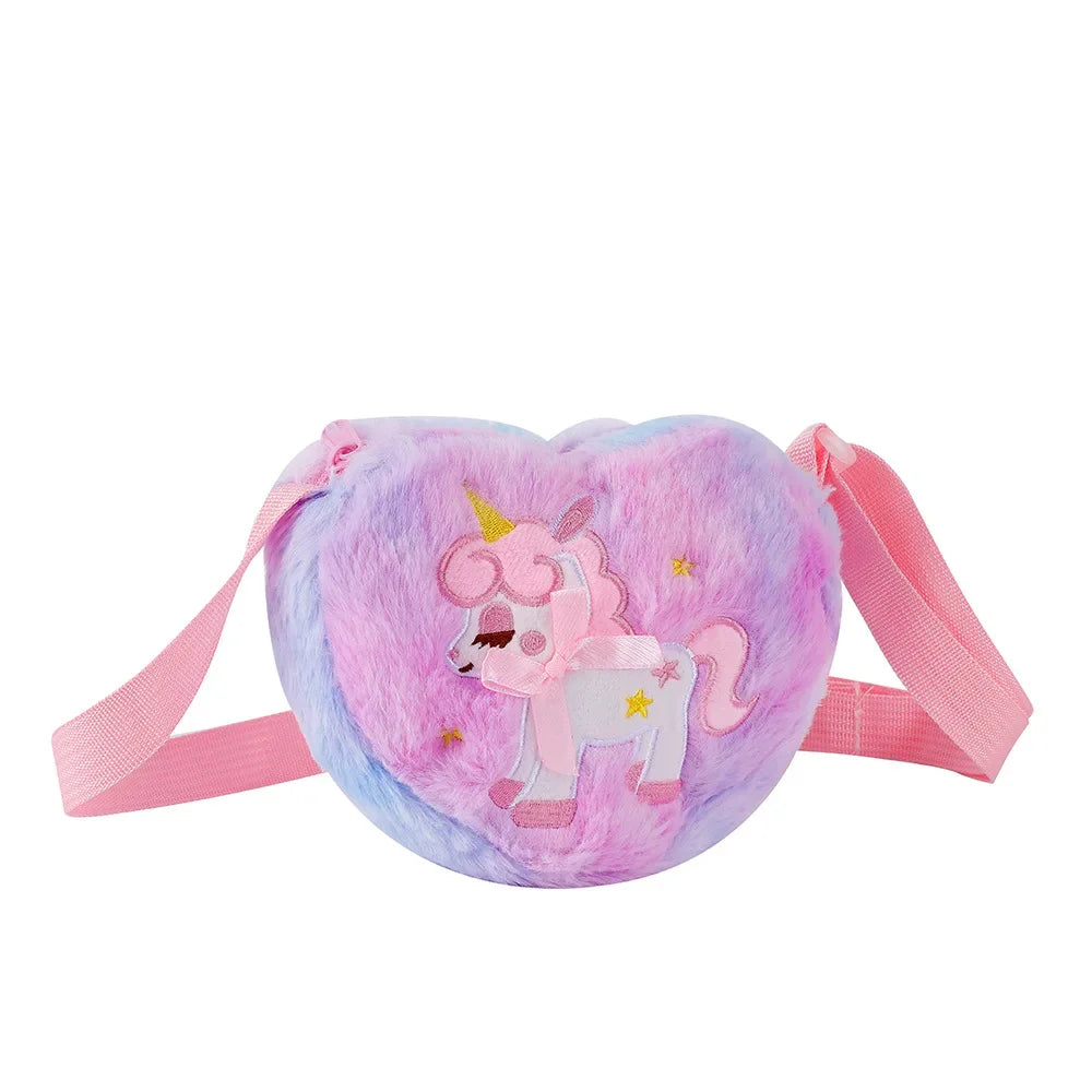 Cute Unicorn For Girls Plush Heart Zipper Shoulder Bag Messenger Bag Coin Purse Wallet Crossbody Bag Kids Gift Small Backpack