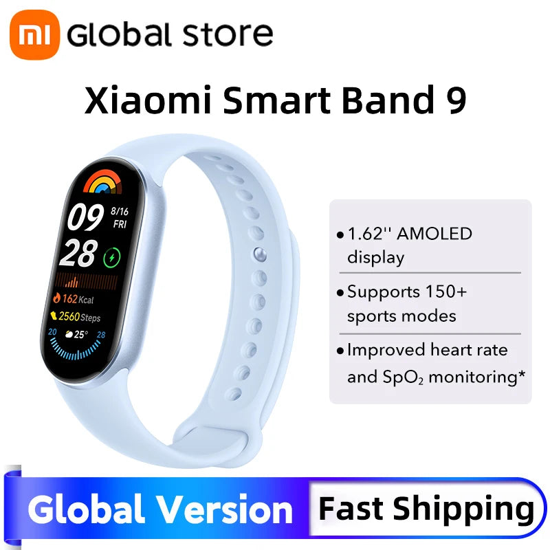 إصدار عالمي سريع الشحن من Xiaomi Smart Band 9 مقاس 1.62 بوصة AMOLED 150+ وضع رياضي عمر بطارية 21 يومًا * مراقبة النوم SpO2 * سوار