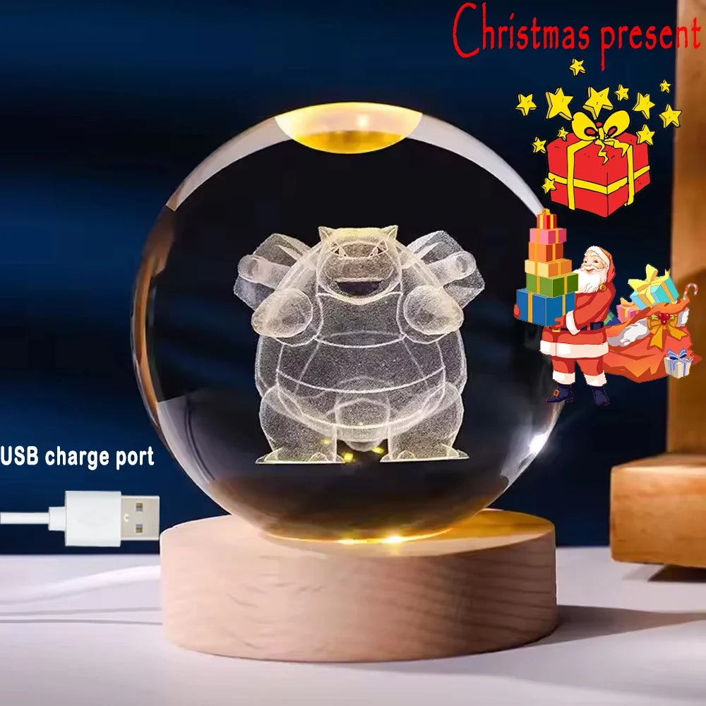 New 6cm 3D Crystal Ball Stitch Pokemon Wooden base with 6cm crystal ball Planet Night Light Laser Carving Christmas gifts