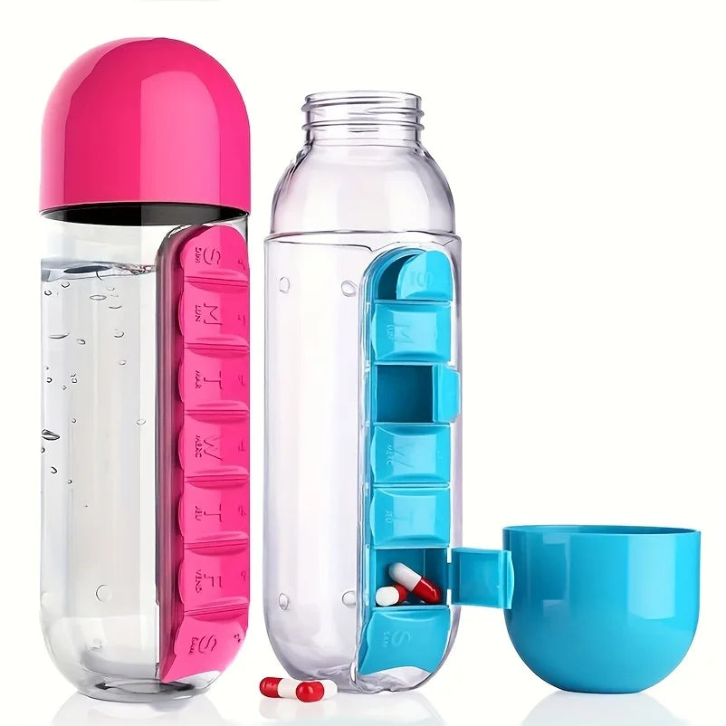 Portable Water Bottle With Built-in Pill Box for Medicines, Vitamins, Perfect for Outdoor, Gym, Fitness, Camping and Traveling