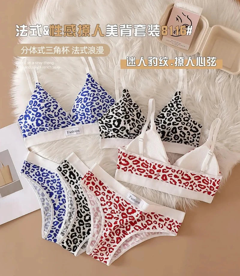 2024 Summer New Women's Leopard Print Traceless and Steel Rim Bra Adjustable Shoulder Strap Back Women's Underwear Set