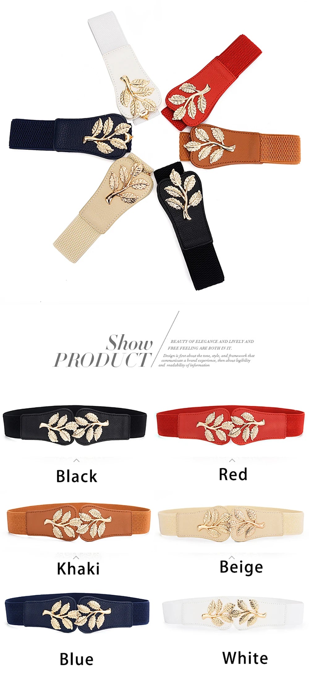 Women's Waist Cover Fashionable Gold Leaf Elastic Waist Closure With Double Hook Buckle Wide Belt Paired With Skirt Women Belt