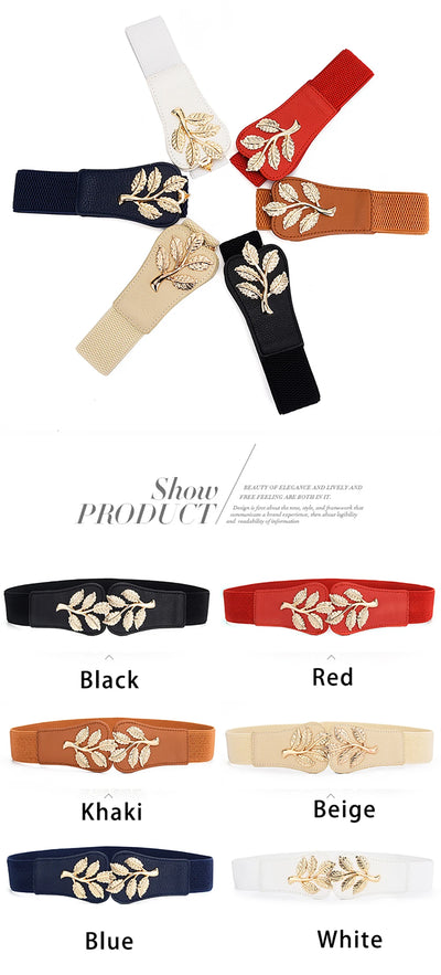 Women's Waist Cover Fashionable Gold Leaf Elastic Waist Closure With Double Hook Buckle Wide Belt Paired With Skirt Women Belt