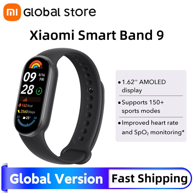 الإصدار العالمي من سوار Xiaomi Smart Band 9 مقاس 1.62 بوصة AMOLED يدعم أكثر من 150 وضعًا رياضيًا وعمر بطارية يصل إلى 21 يومًا ومراقبة النوم SpO2* سوار