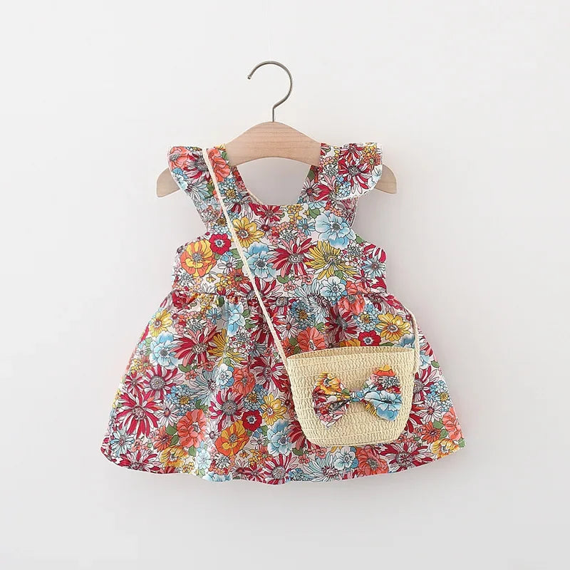 (Girls 0-3 years old)New Summer Girls Dress Halter Small Flying Sleeve Ruffled Flowers Full Print + Crossbody Bag A-line Dress