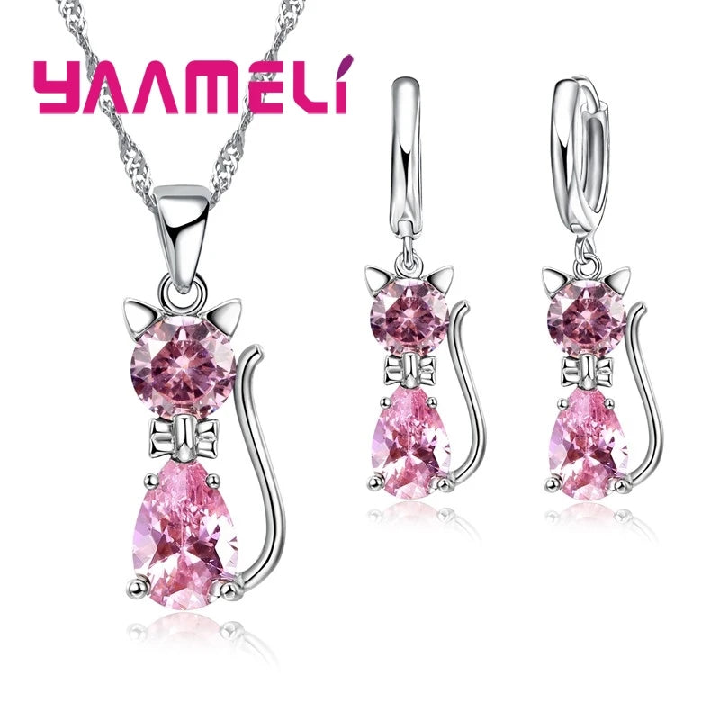 Real 925 Sterling Silver Color Jewelry Sets for Woman Girls Shining Austrian Crystal Cute Cat Pendant Necklace Huggie Earring