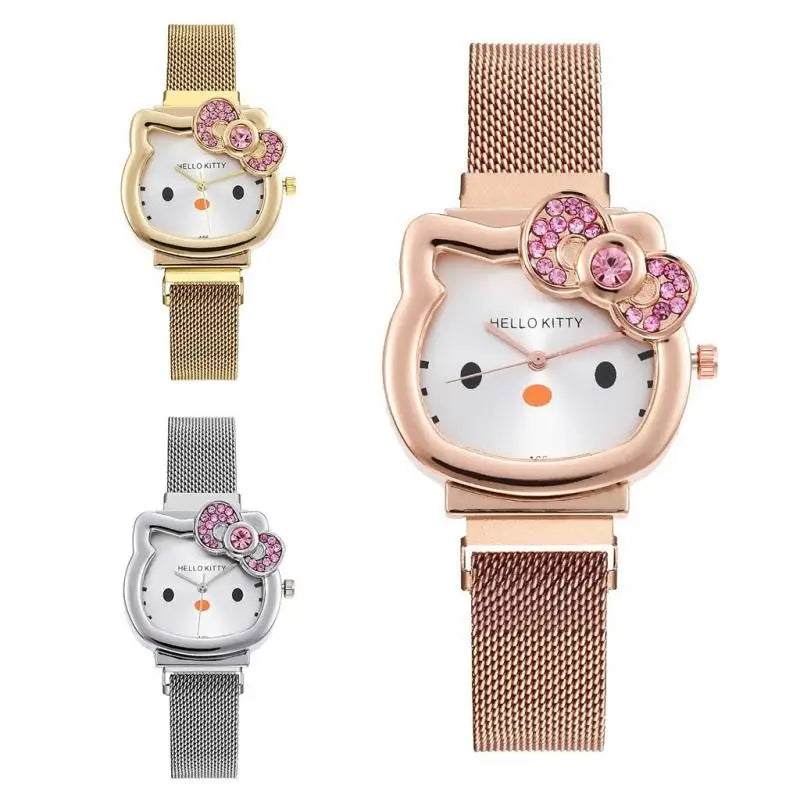 Hello Kitty Diamond  Watch Cat Bow Kawaii Pink Ladies Gold Sliver Metal Jewelry Cartoon Magnetic Watch Girlfriend Birthday