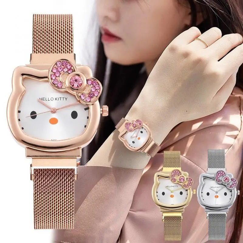 Hello Kitty Diamond  Watch Cat Bow Kawaii Pink Ladies Gold Sliver Metal Jewelry Cartoon Magnetic Watch Girlfriend Birthday