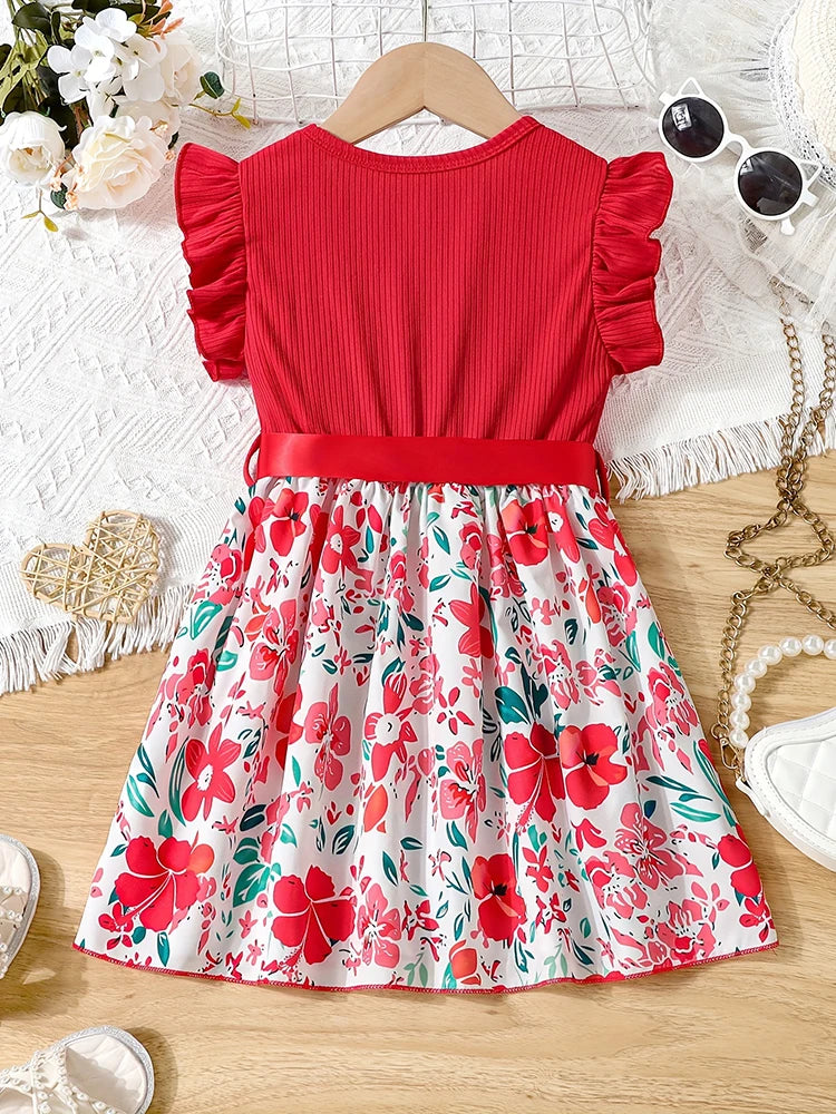 Sweet Girls Splicing Flower Print Flutter Trim Ribbed Belted Dress