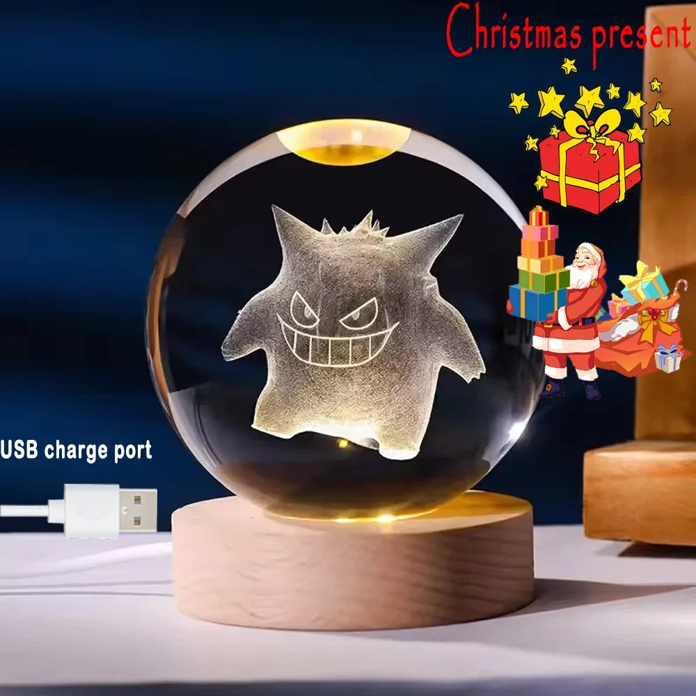 New 6cm 3D Crystal Ball Stitch Pokemon Wooden base with 6cm crystal ball Planet Night Light Laser Carving Christmas gifts