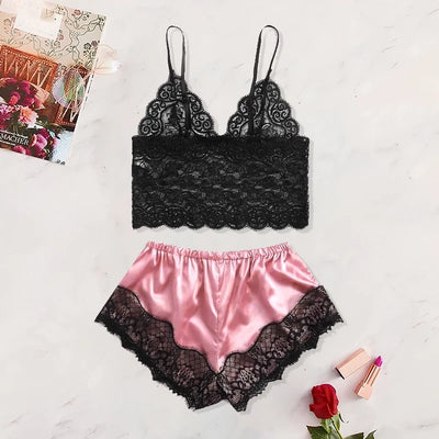 2025 Summer 2 Pcs Women's New Sexy Lace See-Through Pajamas Black Pink Cute Clothes Comfortable Breathable Suspender Shorts Set