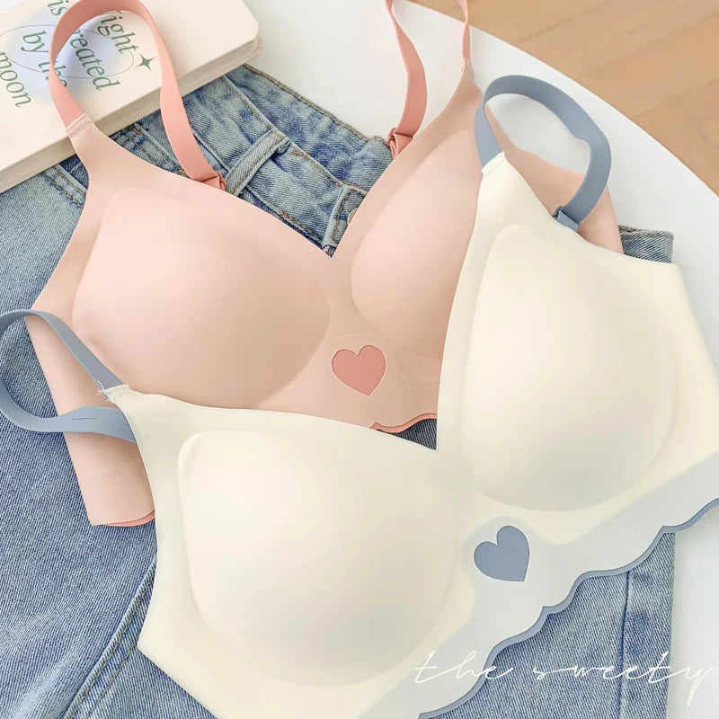 Sexy Push Up Bras For Women Love Heart Pattern Brassiere Deep V Neck Cute Underwear Female Seamless Wireless Soft Lingerie