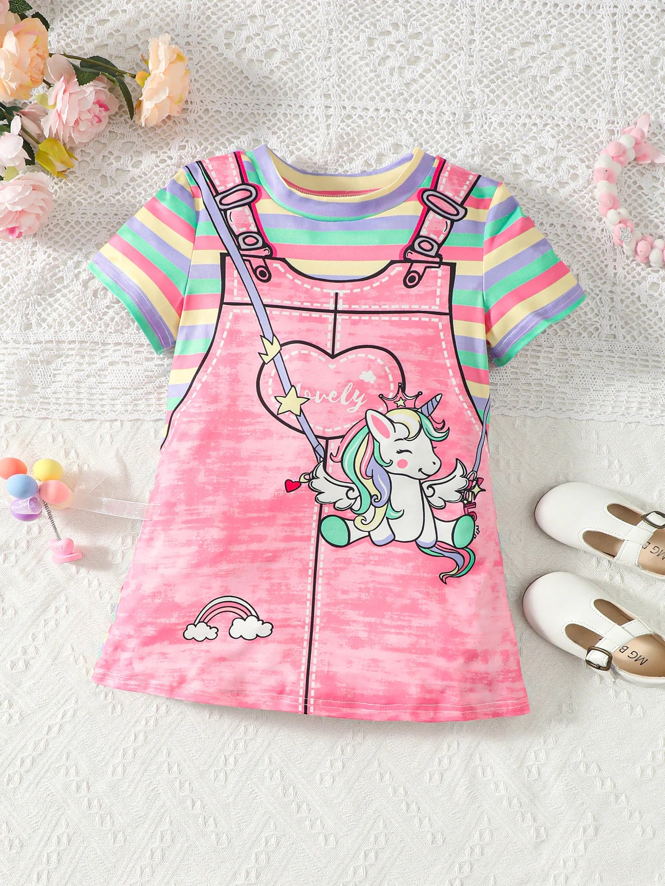 Summer girl's short sleeved round neck unicorn rainbow stripe print cute casual rose red dress